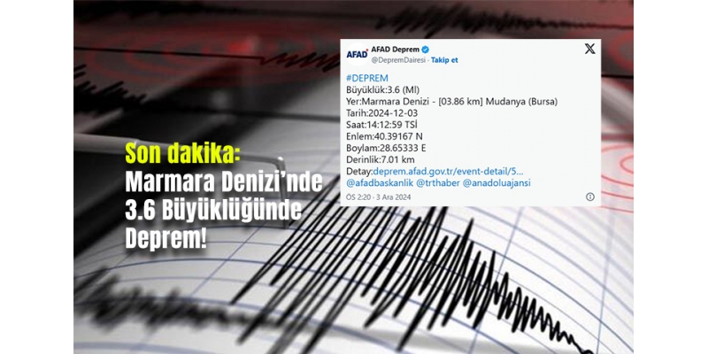 Son dakika: Marmara Denizi’nde 3.6 Büyüklüğünde Deprem!